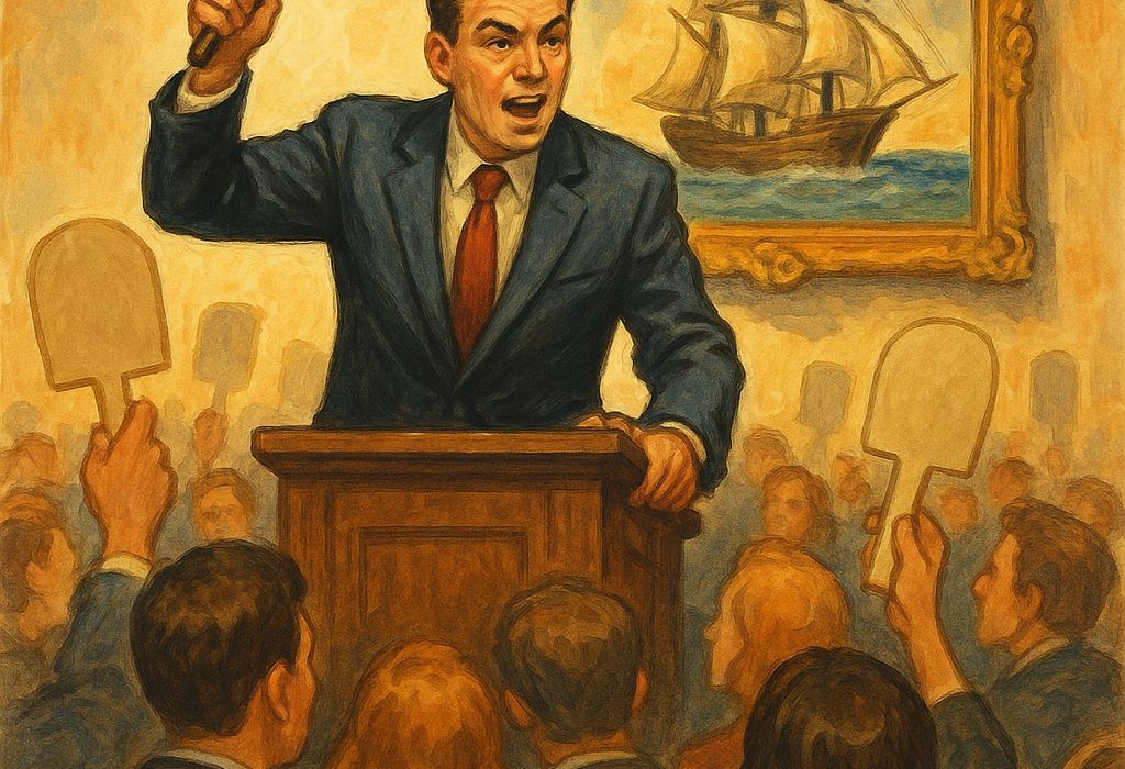 illustration of man waving gavel at an auction