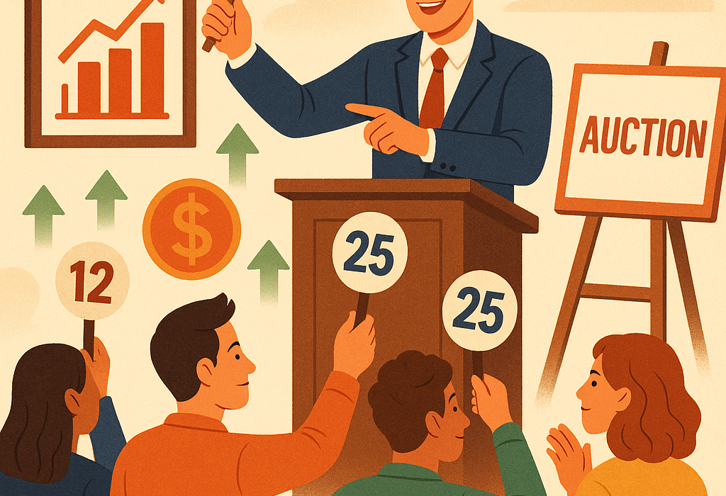 illustration showing an in person auction happening