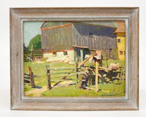 painting of barn and horses